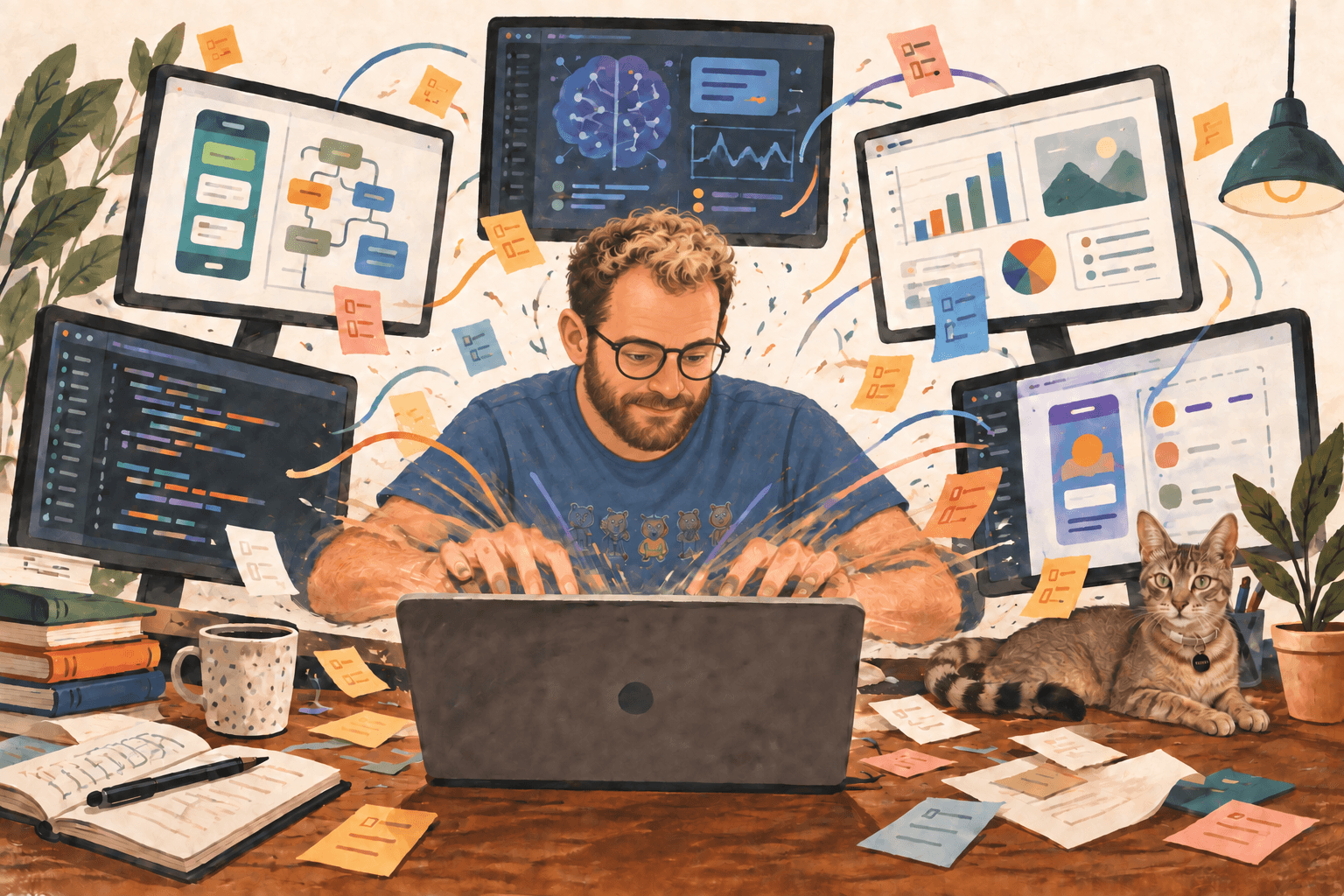 Illustration of Sarel Kaminsky typing rapidly among five application screens while his tabby cat rests on the desk