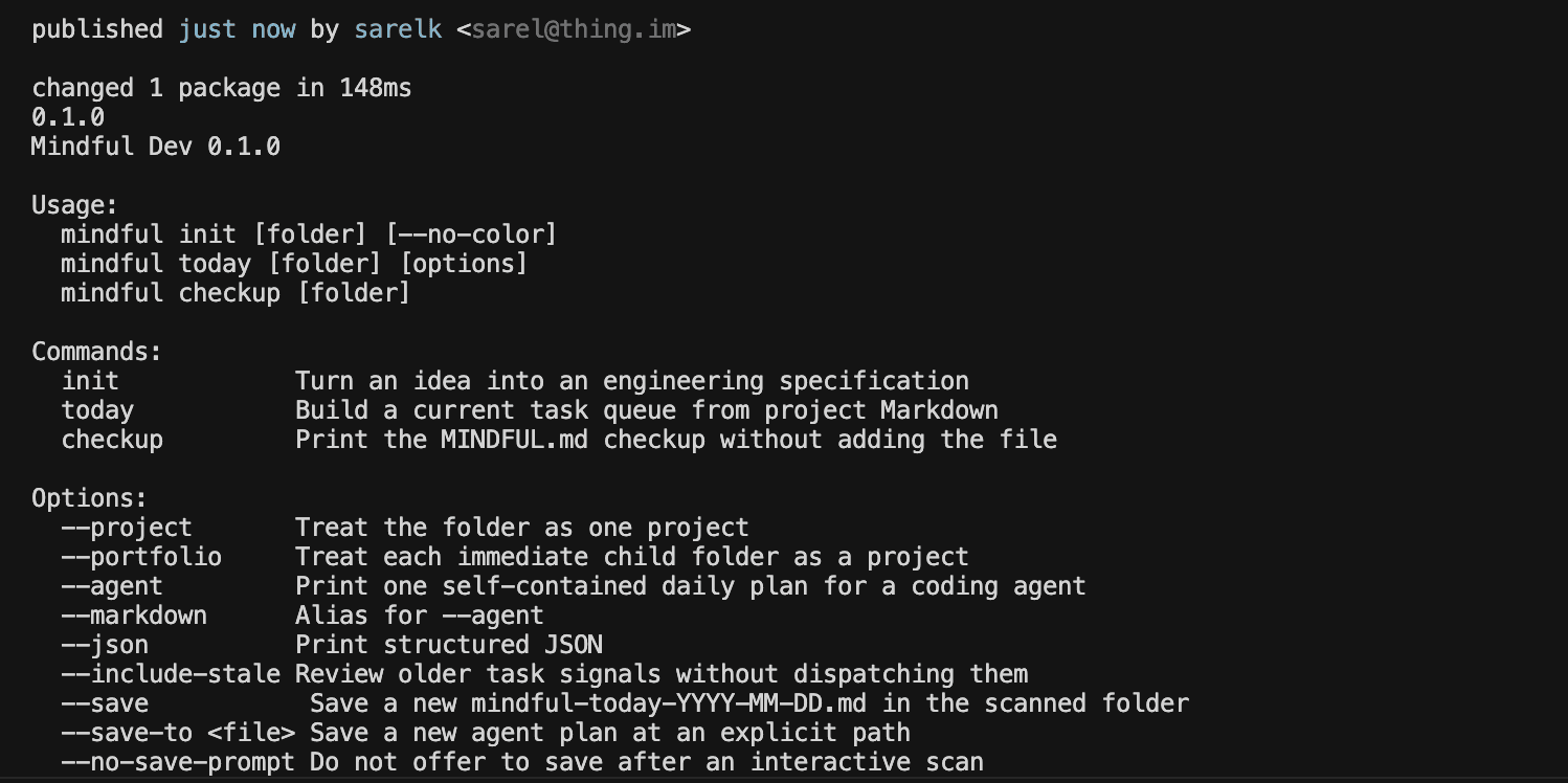 Terminal output showing Mindful Dev 0.1.0 commands and options after publication to npm