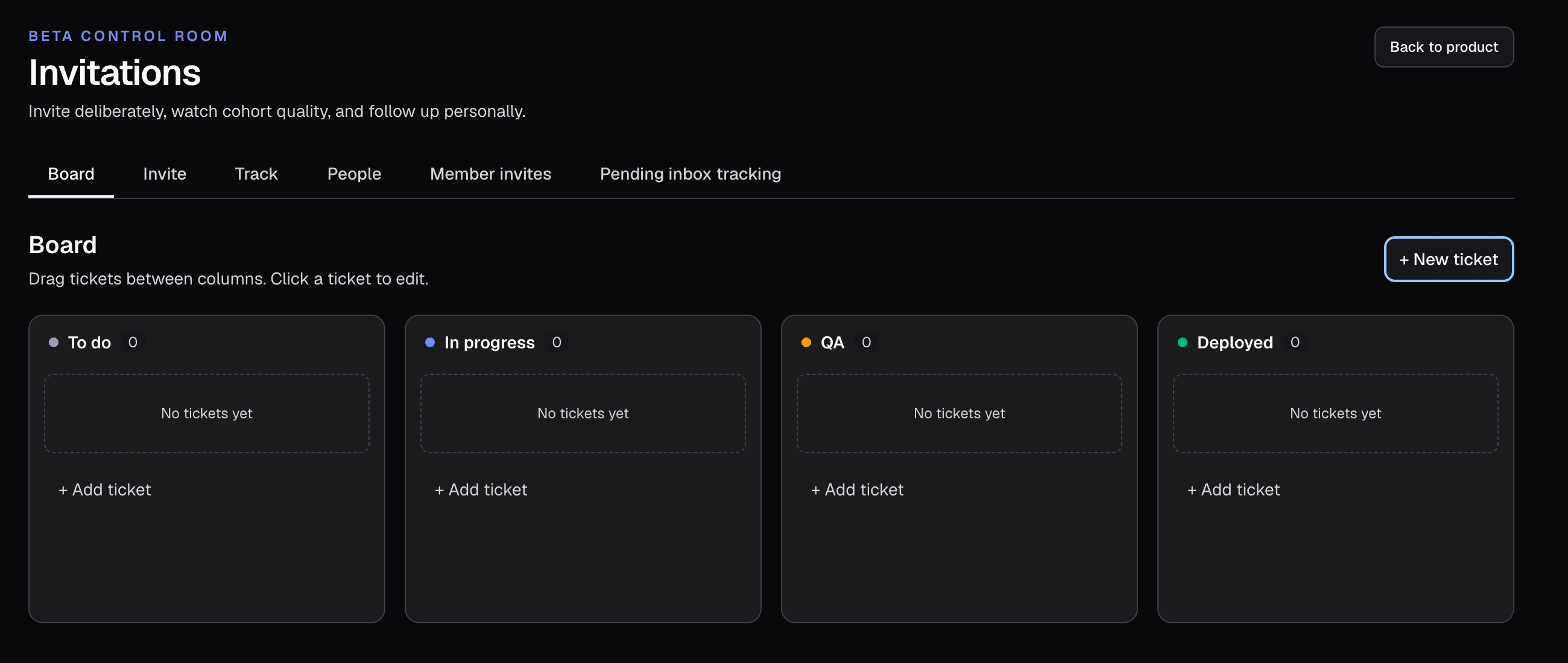 Screenshot of pending.to’s beta admin board with four empty columns: To do, In progress, QA, and Deployed